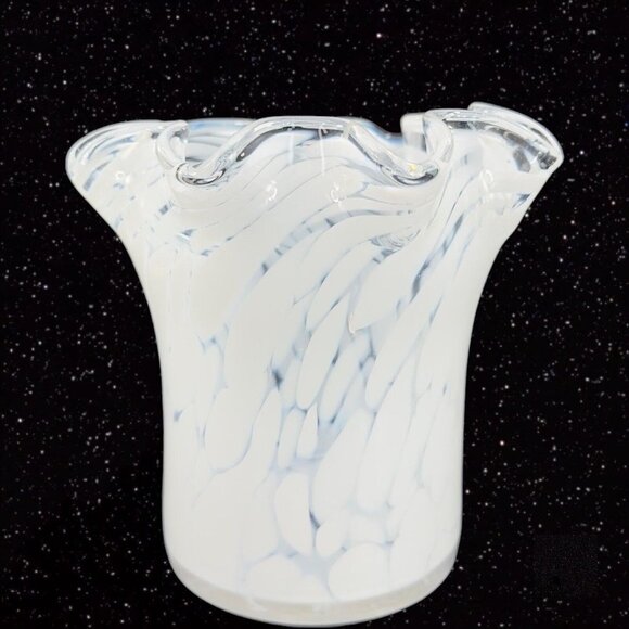 Art Glass Vase With White Specks Dots Ruffled Top Edge Glass Vase Vessel 5”T 5”W - Picture 13 of 15